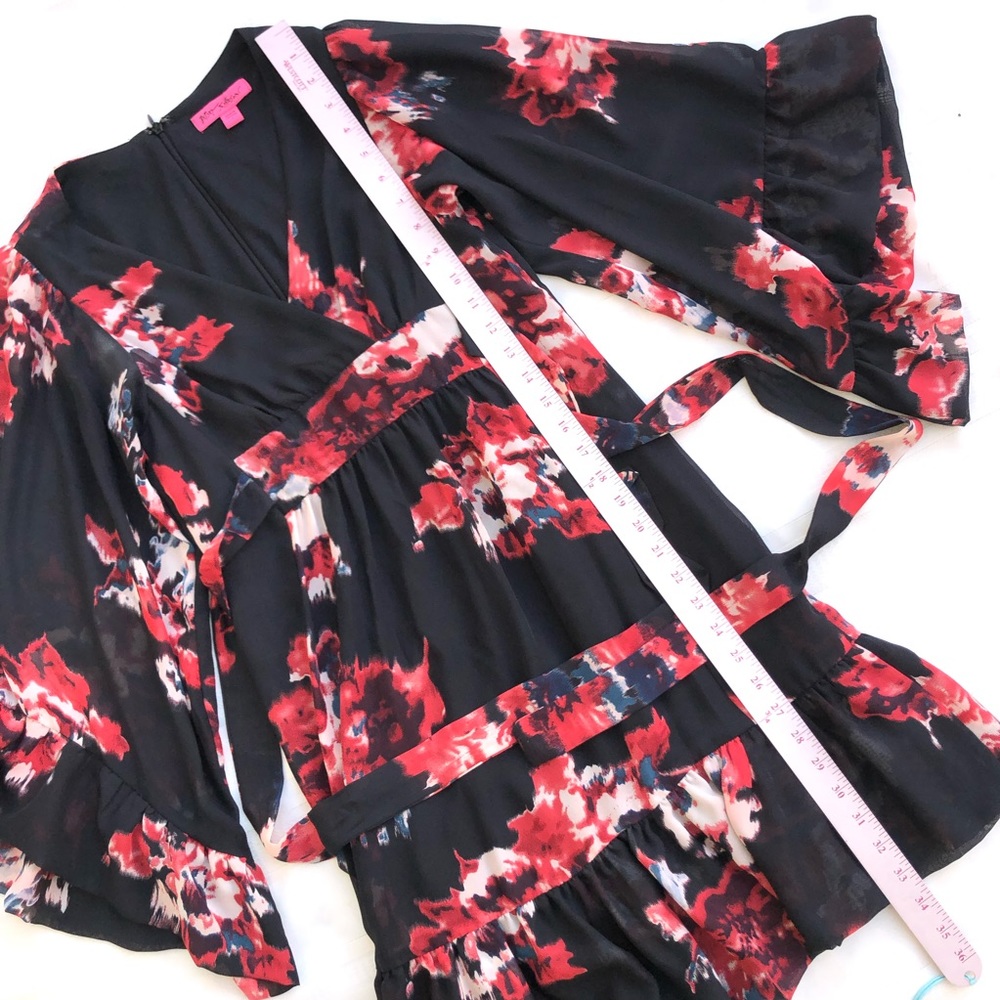 Betsey Johnson dress floral print surplice front size 2 black red bell sleeve - Picture 7 of 12